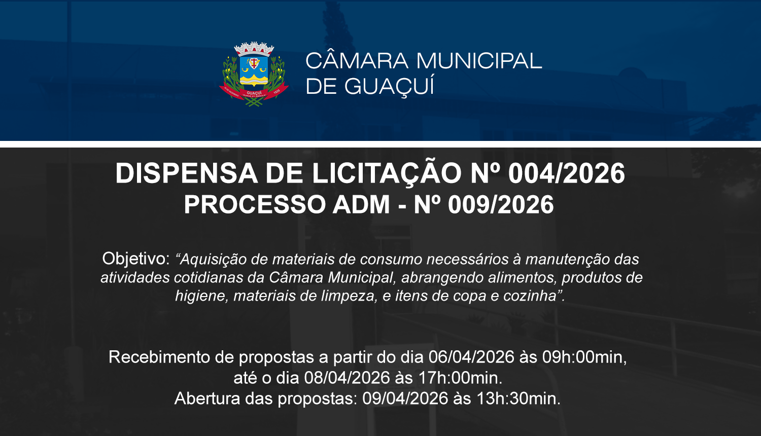 Imagem da notícia: DISPENSA DE LICITAÇÃO Nº 004/2026.