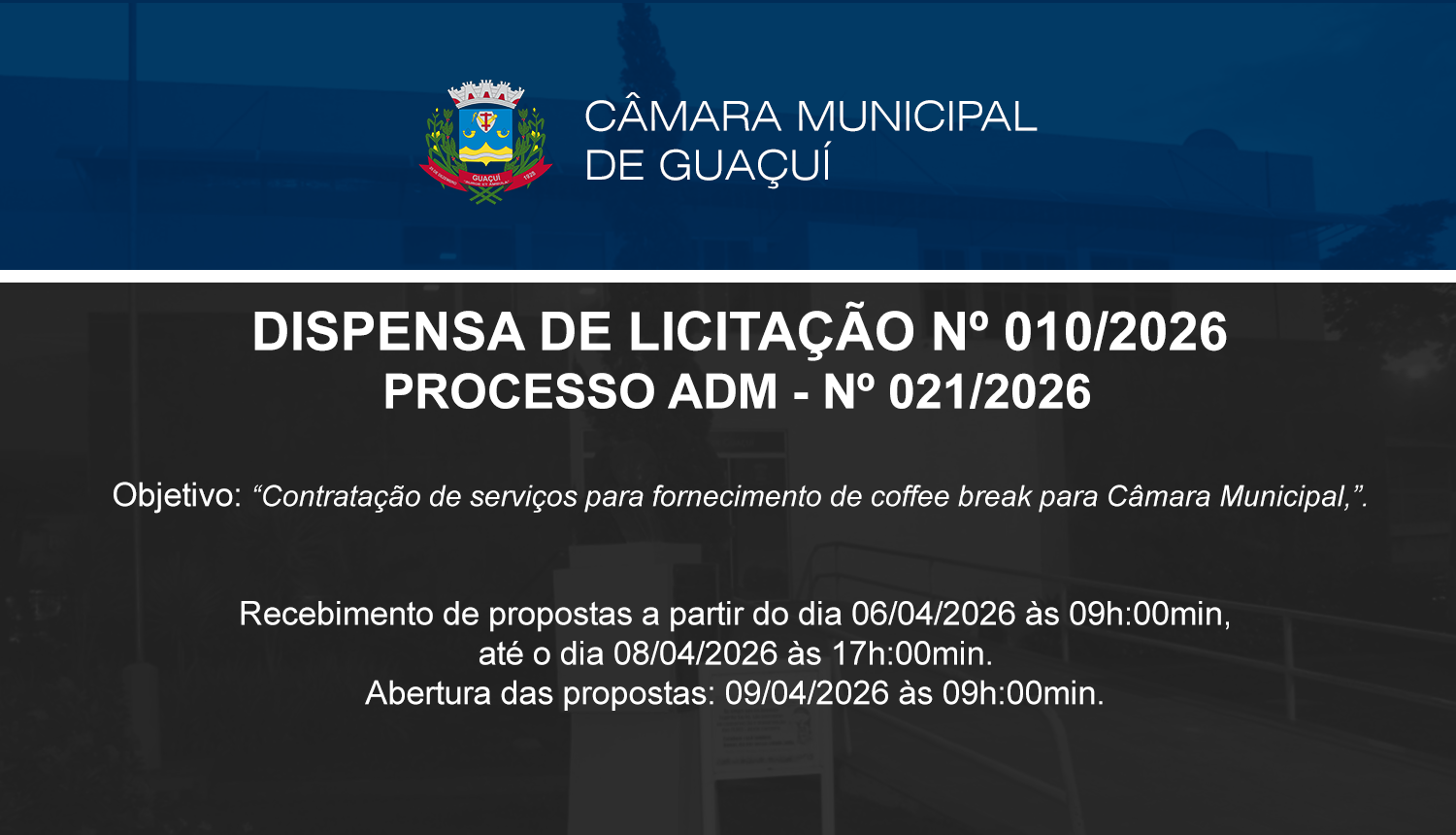 Imagem da notícia: DISPENSA DE LICITAÇÃO Nº 010/2026.