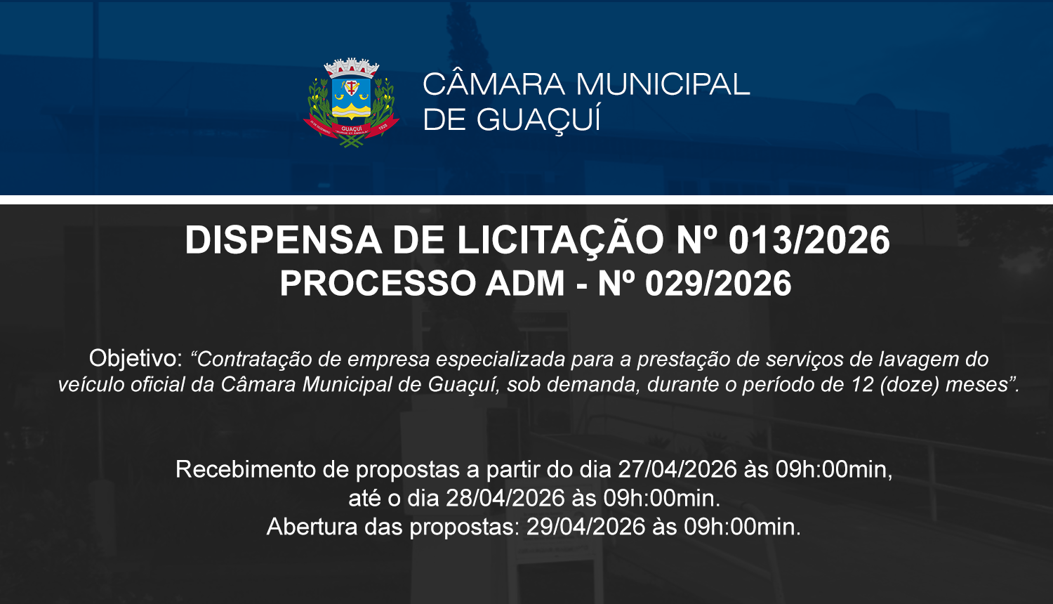 Imagem da notícia: DISPENSA DE LICITAÇÃO Nº 013/2026.