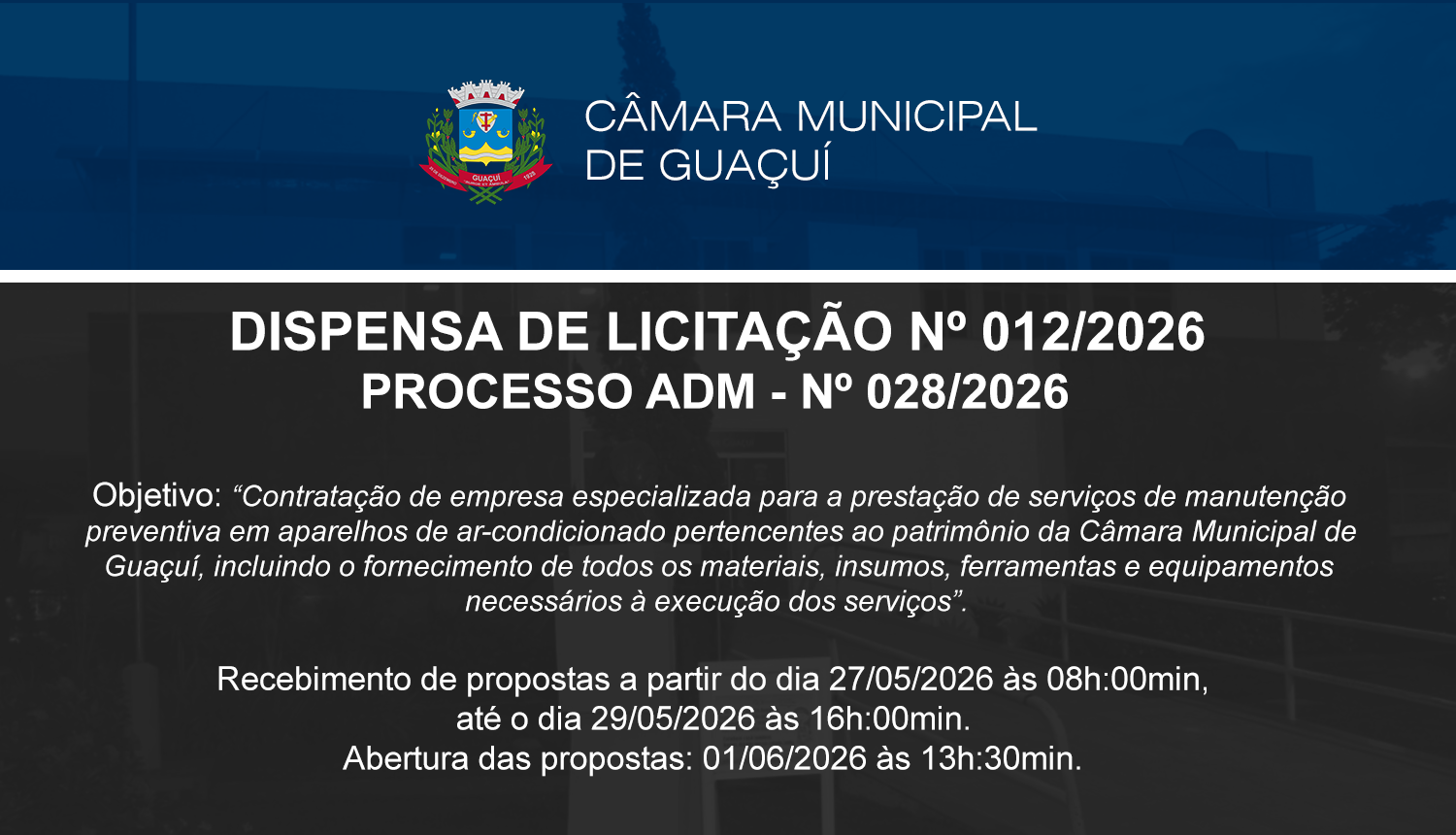 Imagem da notícia: DISPENSA DE LICITAÇÃO Nº 012/2026