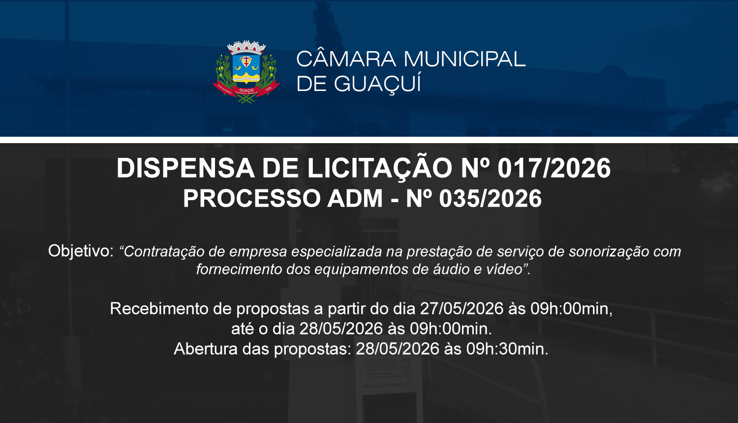 Imagem da notícia: DISPENSA DE LICITAÇÃO Nº 017/2026