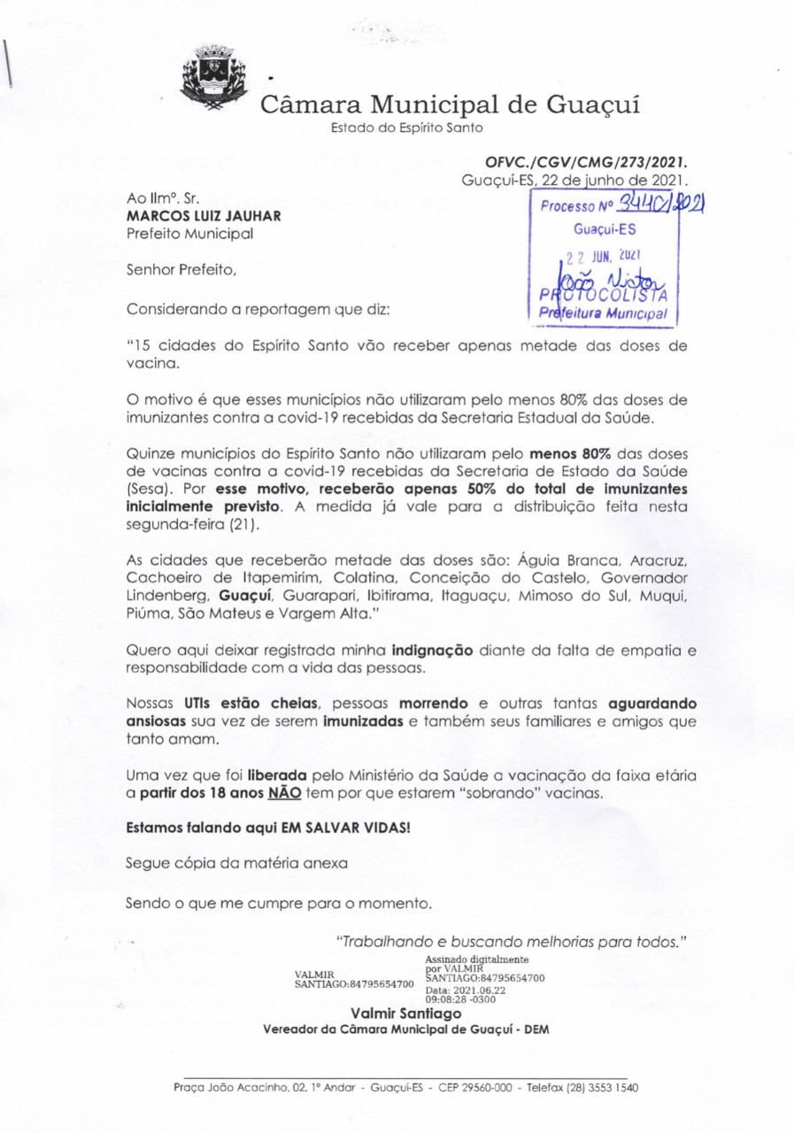 VEREADOR VALMIR SANTIAGO SOLICITA AO PODER EXECUTIVO INFORMAÇÕES SOBRE A VACINAÇÃO CONTRA A COVID-19.